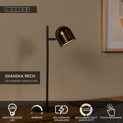 Lucide SKANSKA RECH - Oplaadbare Bureaulamp Binnen/Buiten - Accu/Batterij - LED Dimb. - CCT - 1x3W 3000K/6000K - IP44 - Koffie